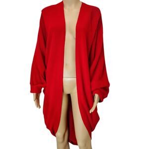 80s Red Knit Oversized Cardigan Open Front Pleated Shoulder One Size Fits Most